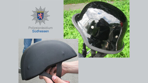 Eine Collage aus zwei Bildern: Oben rechts ein Motorradhelm mit Visier, unten links eine sogenannte Braincap (Art Stahlhelm)