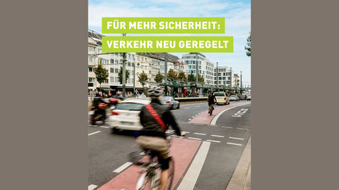 Verschiedene Verkehrsteilnehmende auf einer belebten Straße. Die Überschrift des Bildes lautet 'Für mehr Sicherheit: Verkehr neu geregelt'.