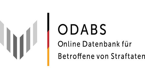 Logo ODABS, Opferdatenbank für Betroffene von Straftaten; graues Pfeilsymbol nach unten mit Schriftzug ODABS, Online Datenbank für Betroffene von Straftaten
