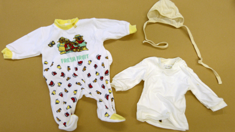 Links im Bild ein Babystrampler in der Grundfarbe weiß mit gelben Ärmelbündchen und Halseinfassung, in der oberen Hälfte des Stramplers ein Bild mit drei Teddybären und ein Schmetterling, in der unteren Hälfte des Stramplers mehrere  kleine Fruchtstücke in rot, braun und gelb, unter dem Bild der Schriftzug FRESH FRUIT, rechts eine hellgelbe Babymütze und ein Baby-Langarm-T-Shirt