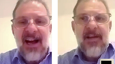 Portraitfotos des unbekannten Täters nach Internetbetrug; Zwei Fotos zeigen den Täter im Portraitmodus fotografiert mit Brille, weißem Bart und schiefen Zähnen