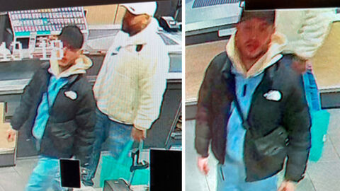 Fotocollage der unbekannten Täter nach Einbruch in ein Kasseler Eiscafé; Foto zeigt den Täter mit weißer Jacke und den Täter mit blauer Hose und blauer Oberbekleidung im Geschäft