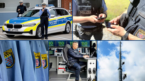 Collage aus Fahrzeug, Handy, Diensthemden, Funkwagen und Funkmast