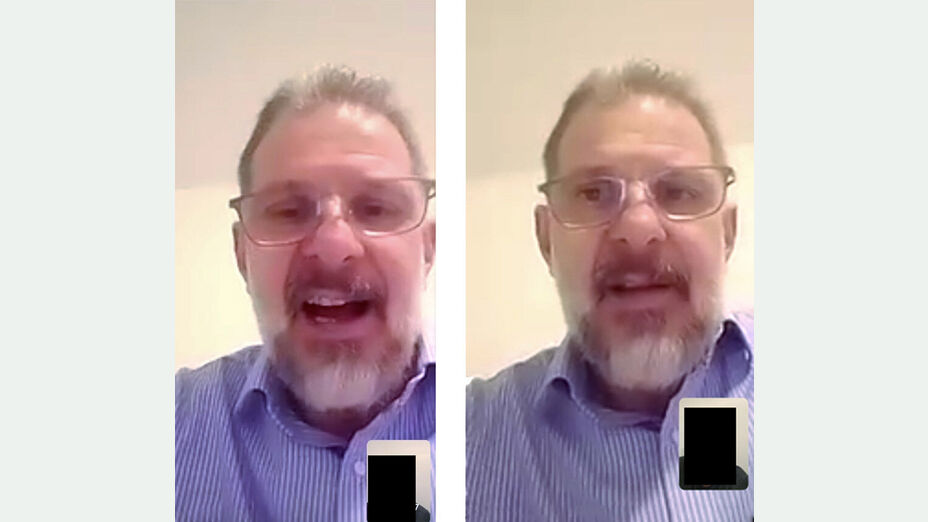 Portraitfotos des unbekannten Täters nach Internetbetrug; Zwei Fotos zeigen den Täter im Portraitmodus fotografiert mit Brille, weißem Bart und schiefen Zähnen