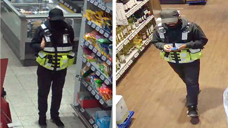 Fotos des Täters nach Raubüberfall in Grebenstein; Foto zeigt den Täter im Lebensmittelmarkt mit dunkler Kapuze auf dem Kopf und einer Art Schal über die Nase gezogen, auffällig die gelbe Multifunktionsweste sowie schwarzen Sneaker