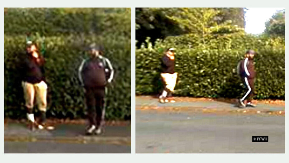 Collage mit zwei Bildern: Jeweils sind die beiden Täter zu sehen, wie sie vor einer Heckes stehen bzw gehen