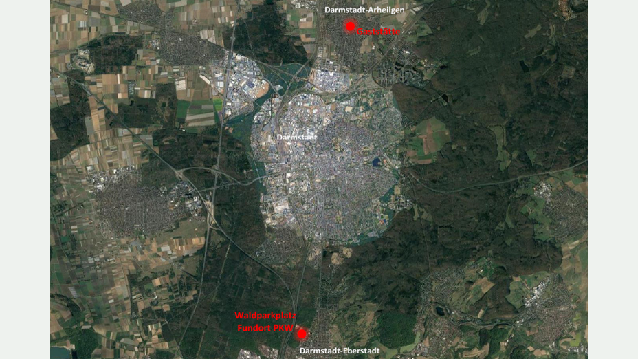 Übersichtsluftbild Darmstadt-Arheilgen bis Darmstadt-Eberstadt mit Markierungen Gaststätte und Waldparkplatz Fundort PKW