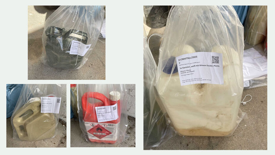 Mehrere Kanister verpackt in Tüten